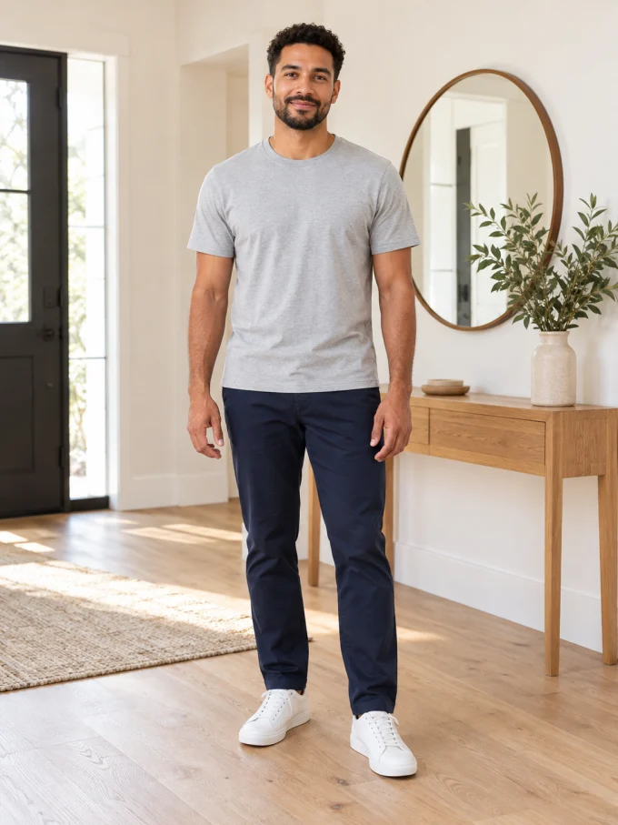 Original photo of a man wearing a gray T-shirt and navy chinos