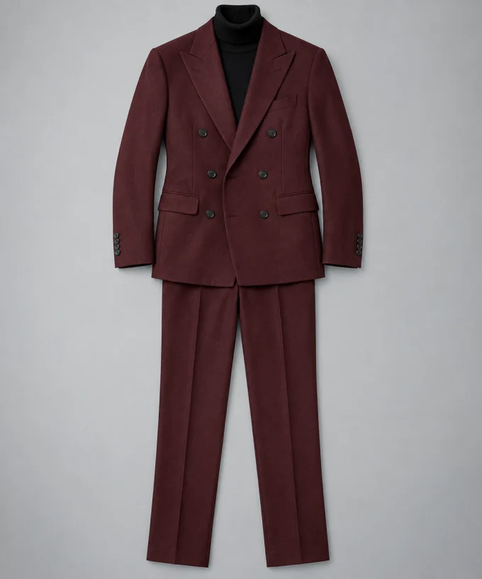 Burgundy double-breasted suit and black turtleneck outfit reference