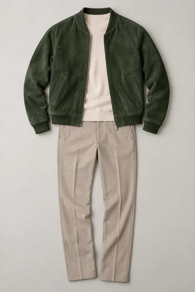 Forest-green bomber, cream sweater and stone trousers outfit reference