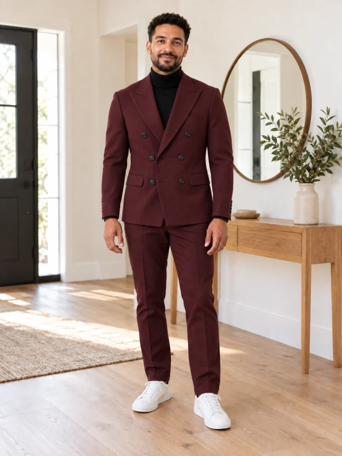 The same man wearing a burgundy double-breasted suit and black turtleneck