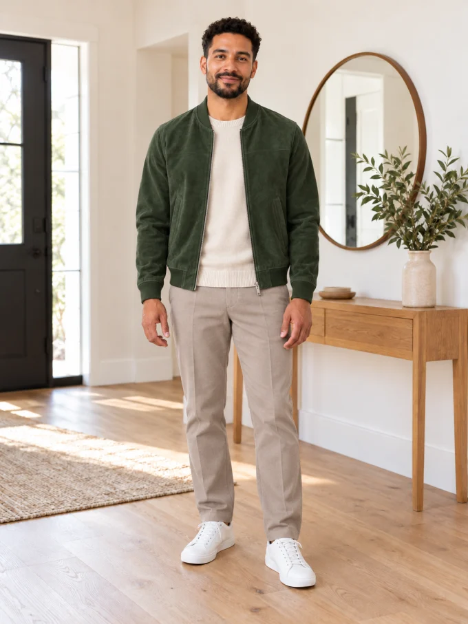 The same man wearing a forest-green bomber jacket, cream sweater and stone trousers