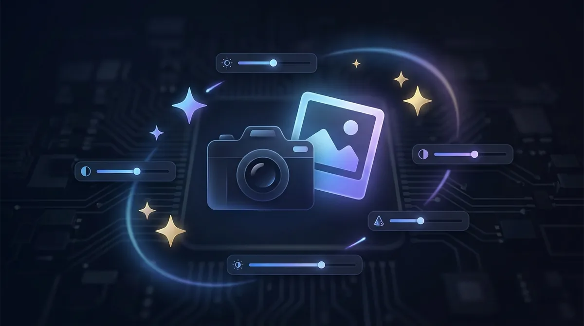 A camera and photo surrounded by adjustment sliders and sparkle icons