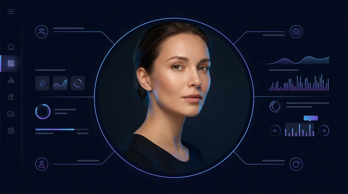 Enhanced portrait with refined skin texture and soft studio lighting