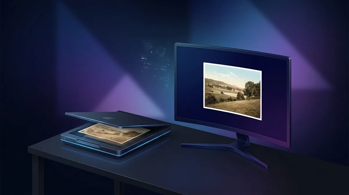 A flatbed scanner digitising an old photo next to its restored version