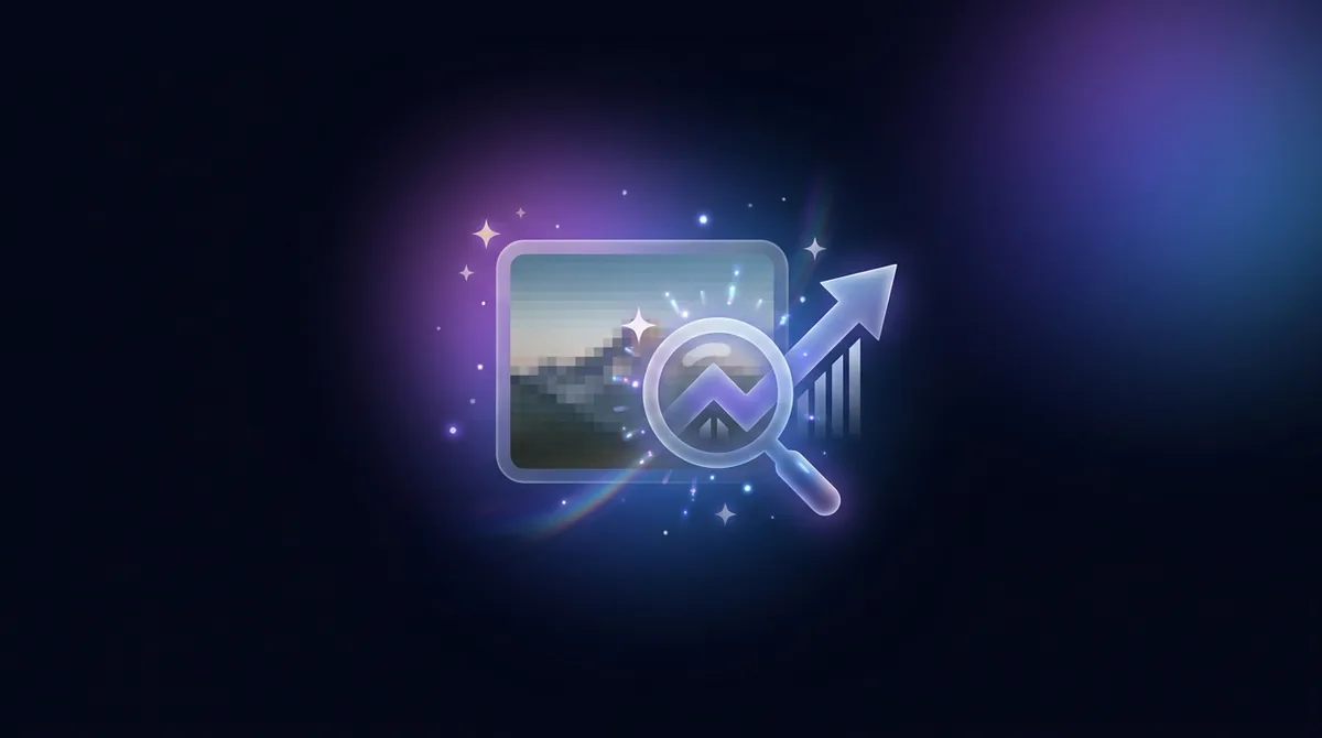 A small photo being magnified with a resolution-boost arrow and sparkles
