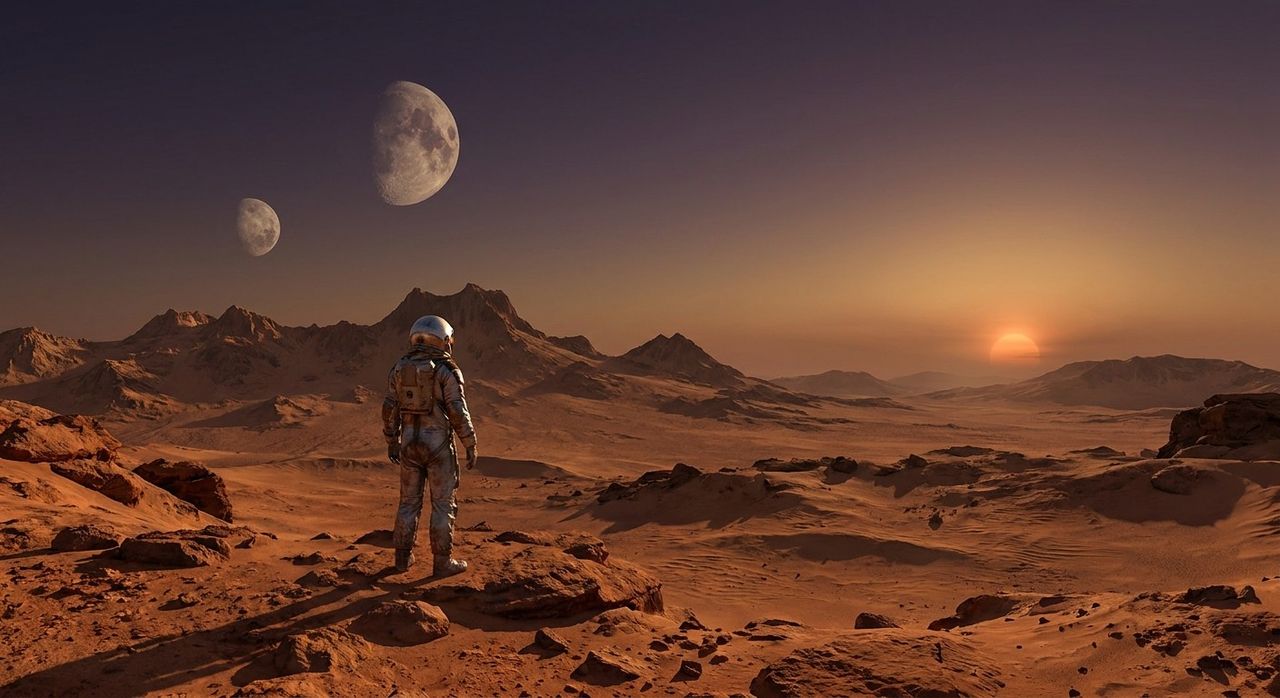 A lone astronaut standing on a red desert planet at sunset, two moons in the sky, cinemati