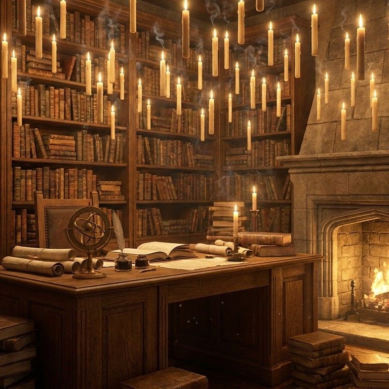 A wizard's study filled with ancient books and floating candles, warm golden light, intric