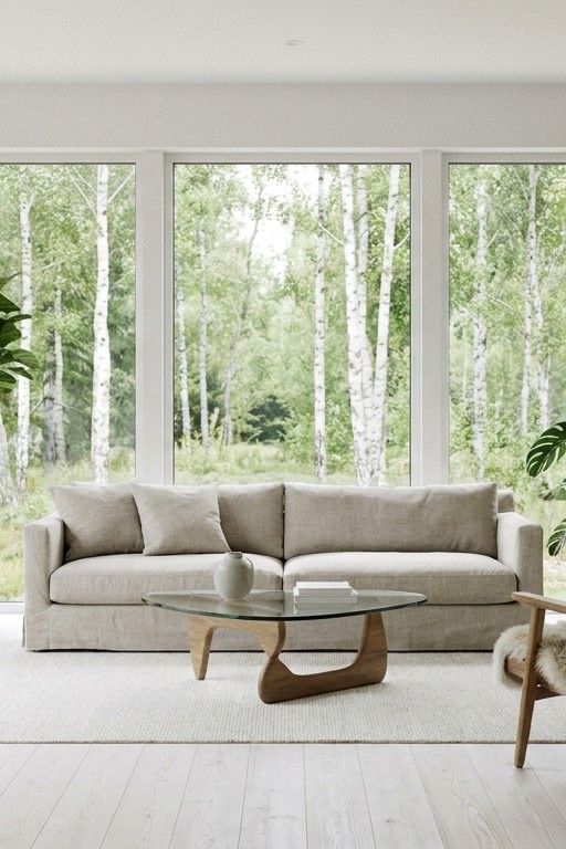 Minimalist Scandinavian living room with large windows and houseplants, soft natural dayli