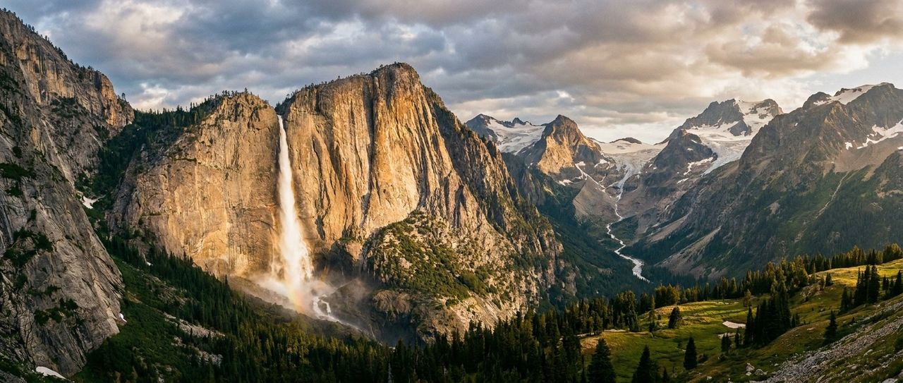 Epic mountain landscape with a tall waterfall and a faint rainbow, golden hour, ultra wide