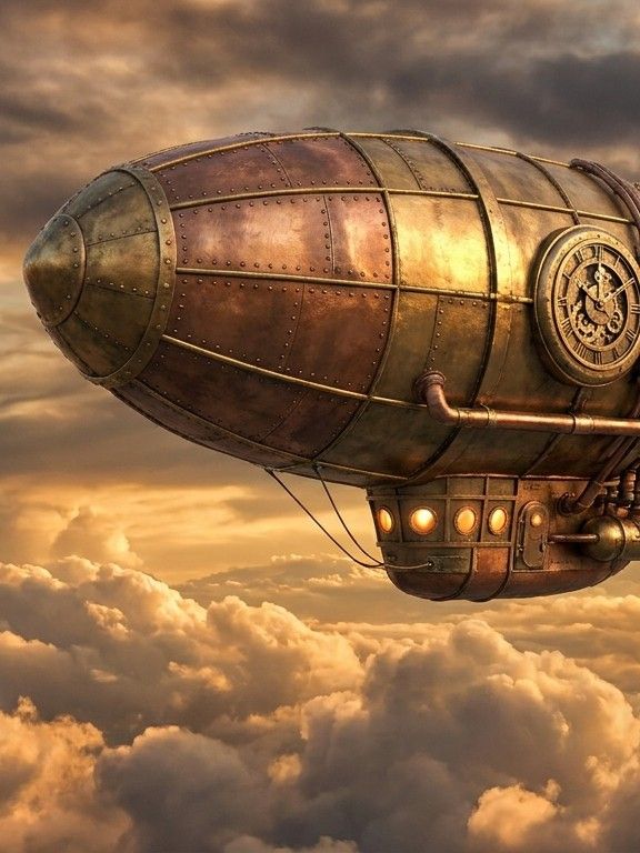 Steampunk airship floating above the clouds, brass and copper details, dramatic sky