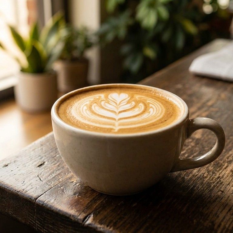 A cup of latte with intricate rosetta foam art on a rustic wooden table, soft morning ligh