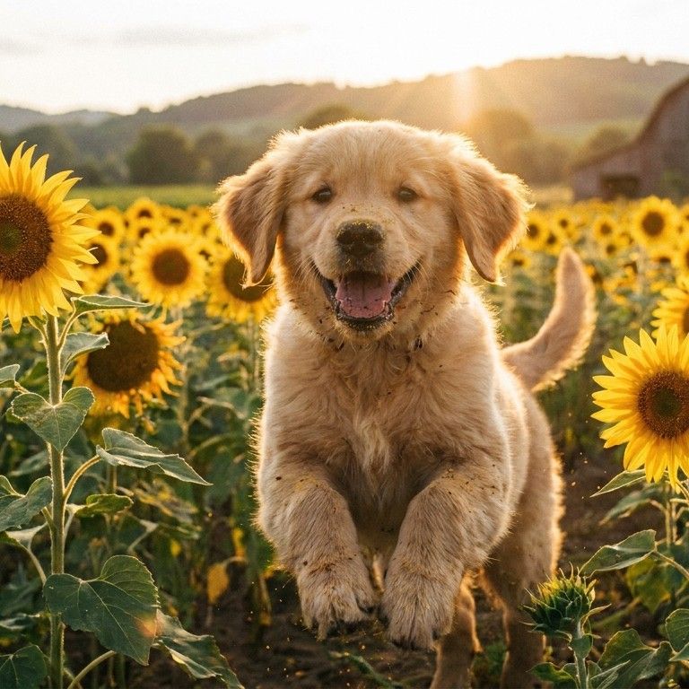 Golden retriever puppy playing in a field of sunflowers, joyful, warm sunny afternoon