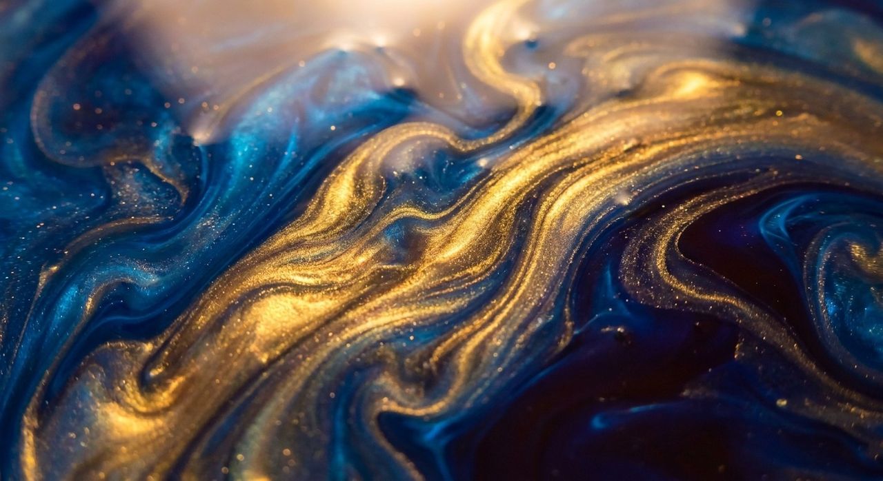 Abstract liquid art with swirling molten gold and deep sapphire blue, macro, luxurious