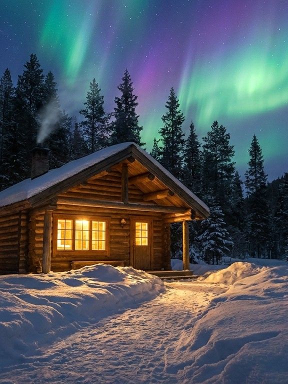 Cozy log cabin in a snowy pine forest at night, warm glowing windows, aurora borealis over