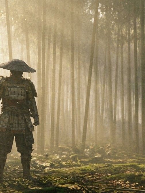 A samurai standing in a bamboo forest with morning mist and soft light, cinematic, atmosph