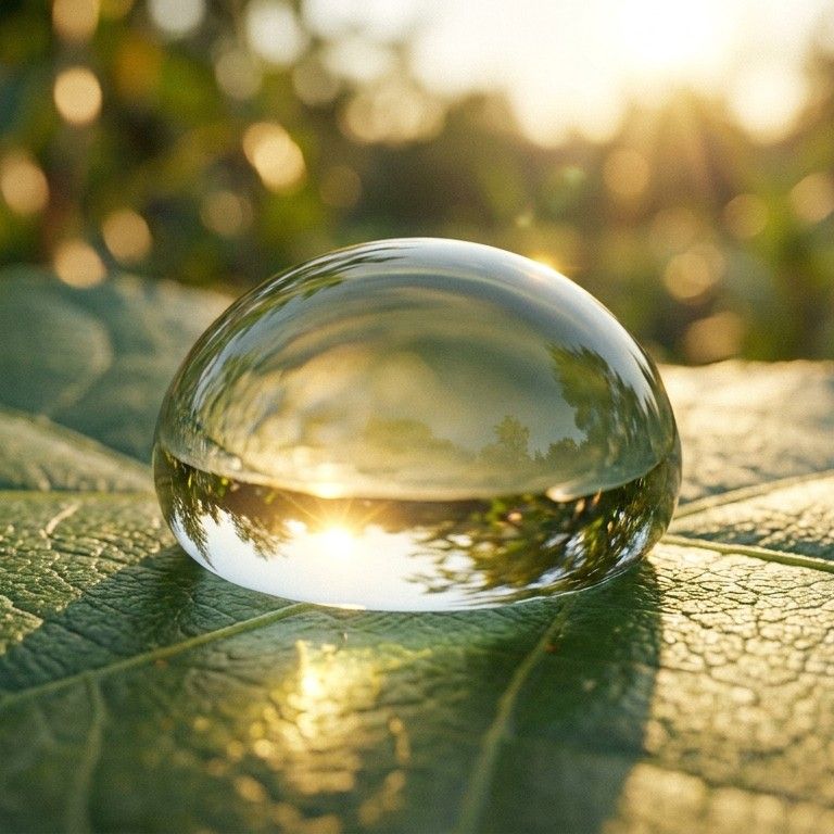 Detailed macro of a dewdrop on a green leaf reflecting the morning sun, bokeh background