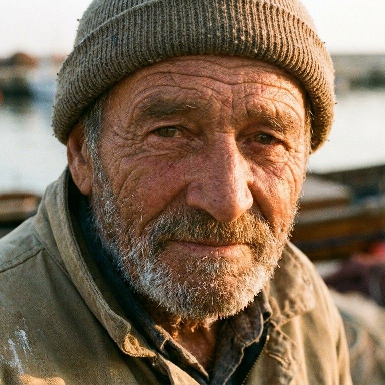 Close-up portrait of an elderly fisherman with weathered skin and kind eyes, golden hour, 