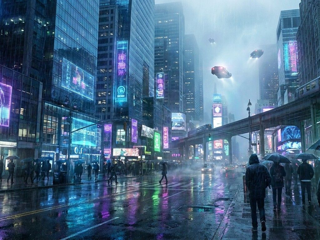 Futuristic neon city street in the rain at night, cyberpunk, glowing reflections, moody at