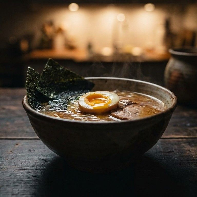 A steaming bowl of ramen with soft-boiled egg, dark moody food photography, shallow depth 