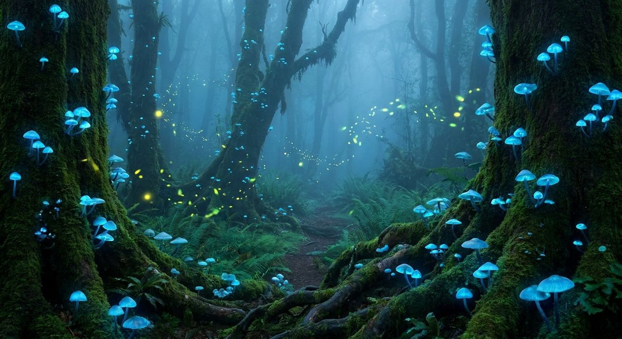 Enchanted forest with glowing blue mushrooms and fireflies, fantasy, magical misty atmosph