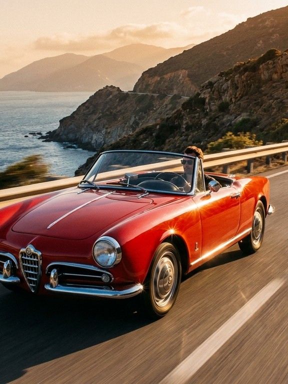Vintage red sports car on a winding coastal mountain road, sunny day, motion blur, cinemat