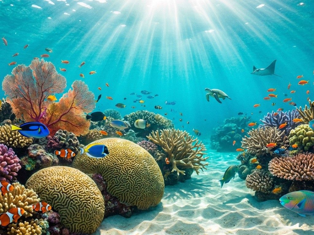 Underwater coral reef teeming with colorful fish, god rays piercing crystal clear water