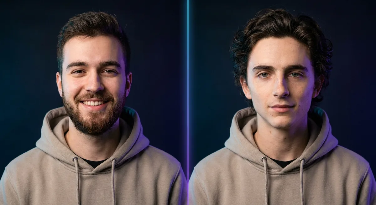 Side-by-side face swap comparison showing the original photo on the left and the AI-generated face swap result on the right