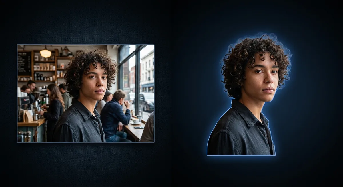 Portrait cutout with background cleanly removed using AI, shown with glowing blue border