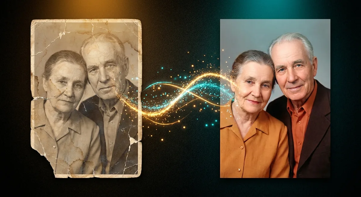 Photo restorer showing a torn sepia photograph next to a fully restored color version with golden particle effects