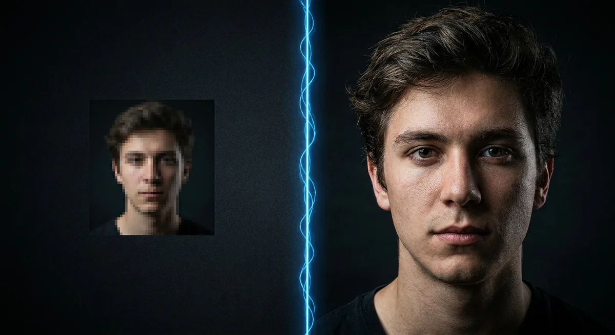 AI image upscaler comparison showing a pixelated small photo next to a sharp full-resolution portrait